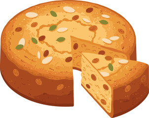Detailed Flat Illustration of Delicious Fruitcake with Cut Slice for Dessert
