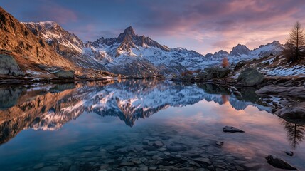 Obraz premium Mountain lake reflection with snow-capped peaks