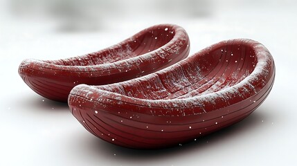 Two maroon wooden sleds covered in freshly fallen snow rest on bright white backdrop