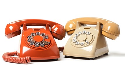 Two Old Fashioned Rotary Phones Orange and Beige Color Classic Telephone with Cord