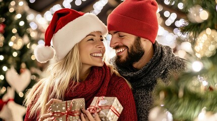 Romantic couple in Santa hats with Christmas gifts, festive bokeh background, sharing a joyful holiday moment