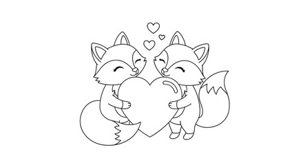Two cute cartoon foxes holding a heart and surrounded by smaller hearts.