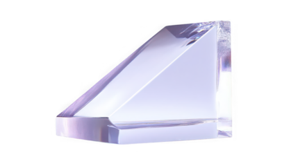 A clear triangular prism on a black background reflecting light with sharp edges and a smooth surface