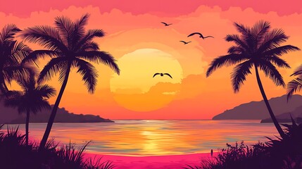 Vibrant Beach Sunset with Palm Trees, Birds, and Colorful Water Reflections Illustration