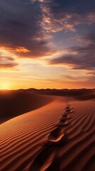 Vertical Desert Landscape with Footprints on Sand Dunes during Sunset Time