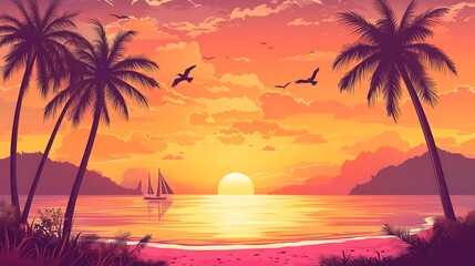 Vibrant Sunset Beach with Palm Trees, Sailboat, and Flying Birds Art Illustration