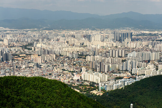 Daegu City, South Korea, September 26, 2025: Daegu Whole City View from Apsan Observatory after using Apsan Cable Car for City Panorama View with Apartments, Buildings, Mountains 대구 도시 전경 앞산 전망대 케이블카
