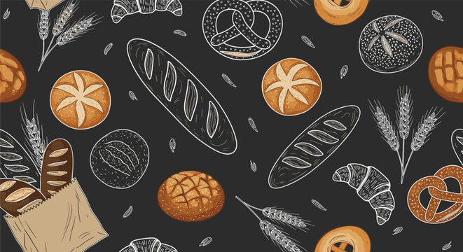 Seamless pattern of assorted baked goods and wheat stalks on a dark background.