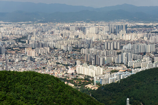 Daegu City, South Korea, September 26, 2025: Daegu Whole City View from Apsan Observatory after using Apsan Cable Car for City Panorama View with Apartments, Buildings, Mountains 대구 도시 전경 앞산 전망대 케이블카

