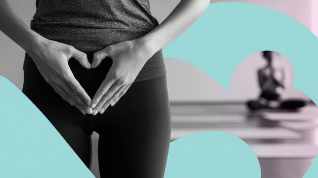 Pelvic floor rehabilitation and treatment,The background is a yoga room, and there is a close-up of the same woman making a heart gesture with her hand in front of her pelvic floor muscles .