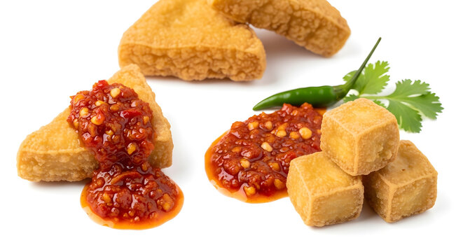 Crispy fried tofu pieces, both triangular and cubed, served with spicy red chili sauce and fresh green chili on a clean white background.