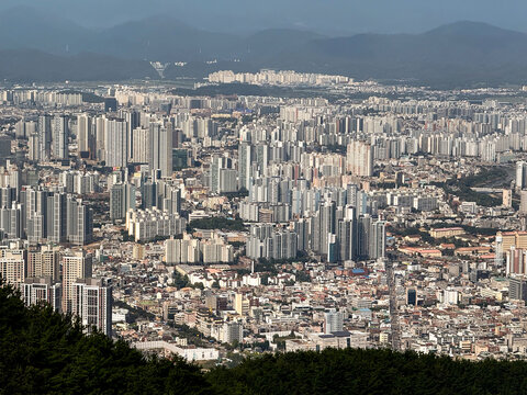 Daegu City, South Korea, September 26, 2025: Daegu Whole City View from Apsan Observatory after using Apsan Cable Car for City Panorama View with Apartments, Buildings, Mountains 대구 도시 전경 앞산 전망대 케이블카
