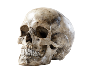 Detailed Anatomical Skull Close Up with Ivory Bone Texture and Transparent Background for Medical Illustration or Halloween Decoration, PNG