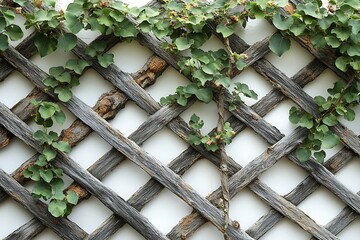 Wooden Lattice Texture with Green Vine Leaves and White Background Decoratively Climbing