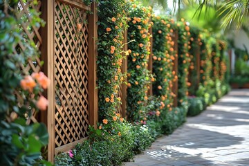 Wooden Lattice Wall with Blooming Orange Flowers and Lush Greenery in Outdoor Garden Area
