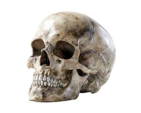Detailed Anatomical Skull Close Up with Ivory Bone Texture and Transparent Background for Medical Illustration or Halloween Decoration, PNG