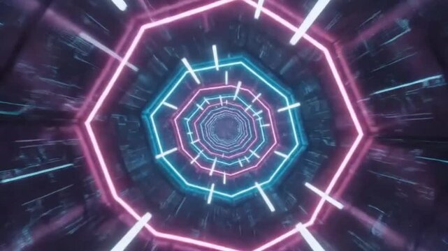 A futuristic dark tunnel illuminated by receding octagonal frames of glowing blue and pink neon lights The repeating geometric patterns create an infinite depth effect
