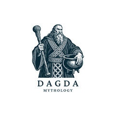 vector illustration of the Celtic deity, Dagda, the "Good God," depicted in a vintage engraving style. He is holding his massive club (lorg m&oacute;r) and the magical cauldron of abundance