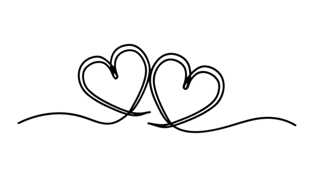 Continuous line drawing of two hearts isolated on transparent background