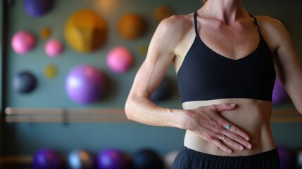 Naklejka premium Pelvic floor rehabilitation and treatment,The background is a yoga room, and there is a close-up of the same woman making a heart gesture with her hand in front of her pelvic floor muscles .