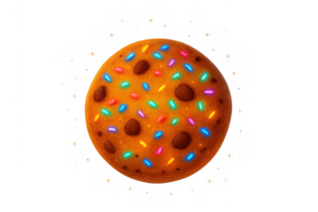 Chocolate chip cookie with glowing colorful sprinkles on transparent background, sweet dessert food icon and bakery concept