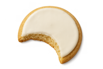 Sugar cookie with bite missing, enjoying sweet dessert, baked snack with white icing on transparent background