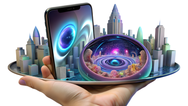 Hand holding a tray with a city and a phone isolated on transparent background