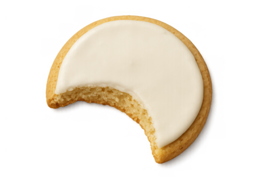 Sugar cookie with bite missing, enjoying sweet dessert, baked snack with white icing on transparent background