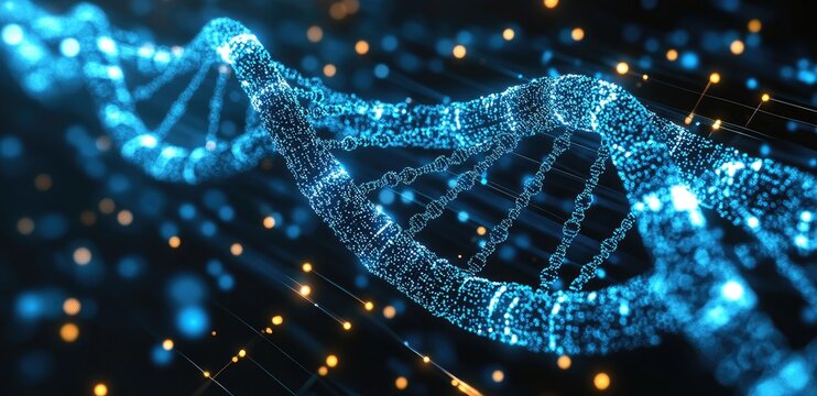 DNA strand, blue dotted structure with golden glow