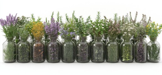 Vases filled with various colorful herbs and wildflowers