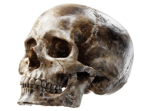 Detailed Human Skull Anatomical Model with Rough Texture and White Powder Coating on Transparent Background for Medical and Educational Purposes, PNG
