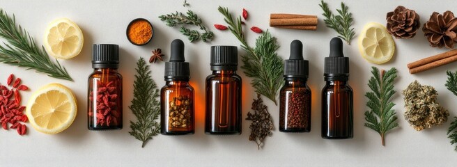 Holistic medicine herbal vials, lemon, cinnamon, greenery