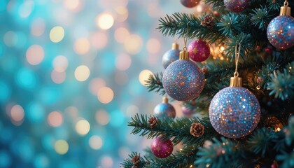 Obraz premium Christmas tree image with sparkling ornaments on a festive backdrop that is iridescent. idea of colorful revelry, seasonal enjoyment, and holiday décor