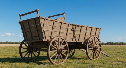 Fototapeta premium Old wooden wagon on grass field under sunny blue sky