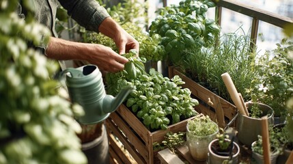 Hands tending vibrant green basil plants on sunny balcony garden, cultivating fresh herbs for healthy living and culinary delight