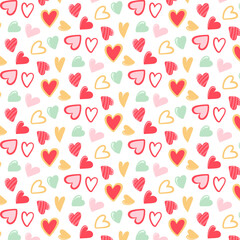 Colorful Hearts Seamless Pattern. Valentines Day. Hand Drawn Flat Vector Illustration