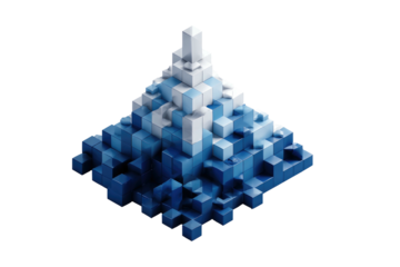 Abstract pixelated pyramid structure of blue and white cubes on black. Isometric and modern