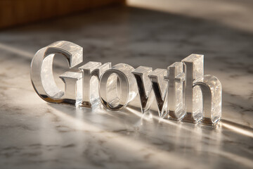 3D transparent acrylic letters spelling "GROWTH" on a reflective marble surface with blurred flowers in the background, symbolizing business development.