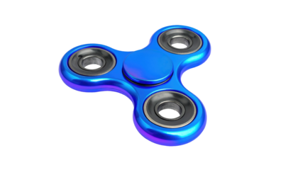 Glossy blue fidget spinner with three prongs and circular bearings on a black background