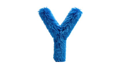 Fluffy, bright blue, textured, stylized letter Y against a solid black background. Isolated studio shot