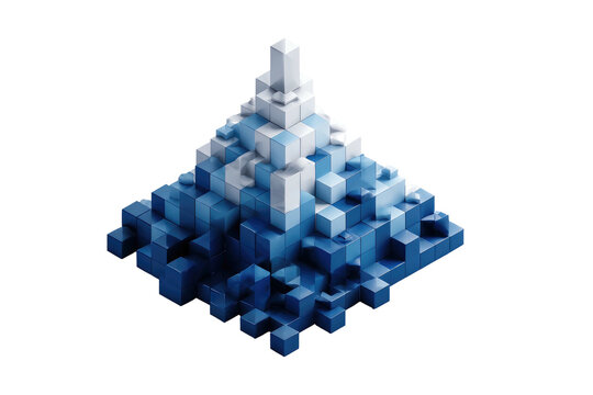 Abstract pixelated pyramid structure of blue and white cubes on black. Isometric and modern