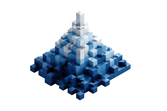 Abstract pixelated pyramid structure of blue and white cubes on black. Isometric and modern