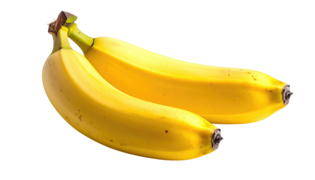 Two ripe yellow bananas are closely positioned on a black background, showcasing their smooth texture and bright hue