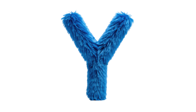 Fluffy, bright blue, textured, stylized letter Y against a solid black background. Isolated studio shot