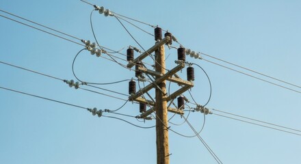 Power pole with conductors and insulators against a bright blue sky