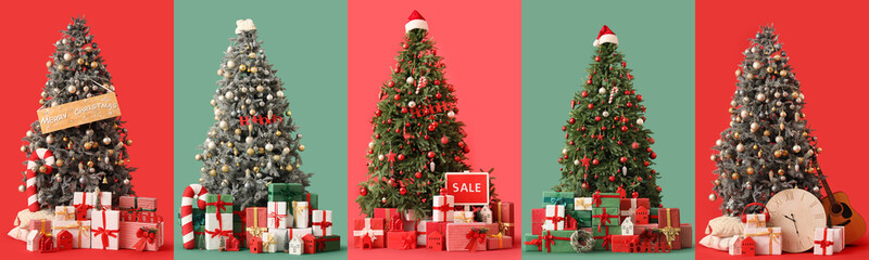 Set of many decorated Christmas trees and gifts on color background