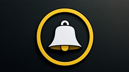 Bell Notification Alert Icon, Yellow Circle on Black Background, Modern Warning Symbol, App Interface Design Element, Digital Reminder Sign