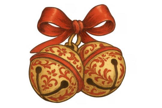 Decorative vintage jingle bells with red bow, ornate gold and scarlet holiday season ornament, transparent background