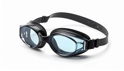 Black Swim Goggles with Blue Tinted Lenses on White Background