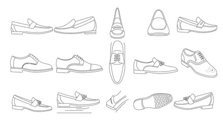 A collection of classic men's dress shoes, including loafers and oxfords, illustrated in a black and white outline style from various angles.